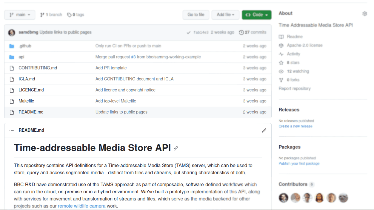 Screenshot of the github.com/bbc/tams repo