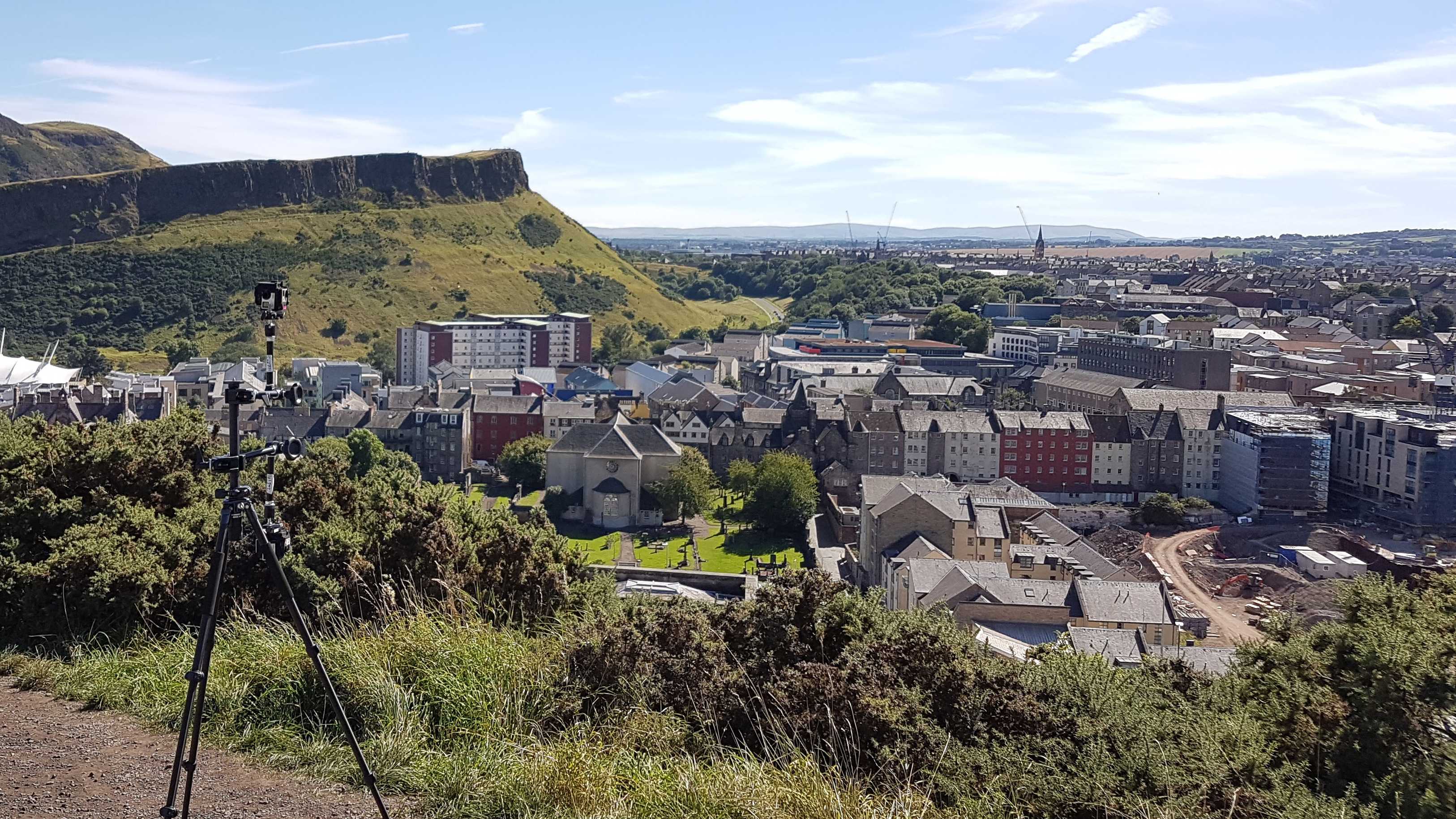 Overview of Edinburgh from Calton Hill, with a 360 camera rig on a tripod in the foreground